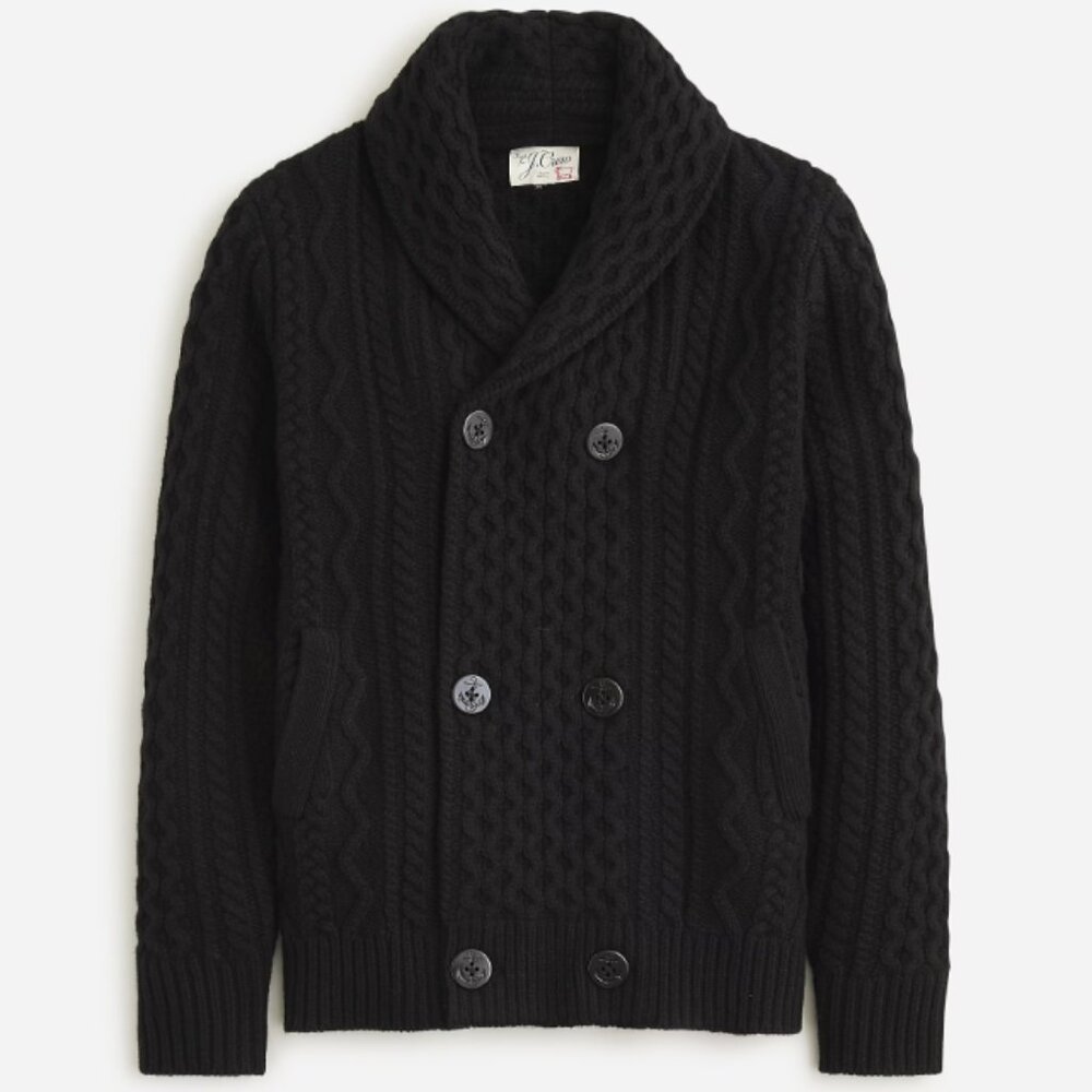 NEW J. Crew Black Double-Breasted Shawl Collar Cable-Knit Wool Cardigan Sweater